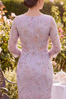 Laden Sie das Bild in den Galerie-Viewer, Fliederfarbenes Blumen-Midi-Mutter-der-Braut-Mutter-der-Braut-Kleid mit Rundhals-Perlen und 3/4-Ärmeln