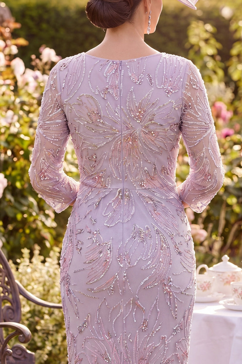 Laden Sie das Bild in den Galerie-Viewer, Fliederfarbenes Blumen-Midi-Mutter-der-Braut-Mutter-der-Braut-Kleid mit Rundhals-Perlen und 3/4-Ärmeln