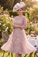Laden Sie das Bild in den Galerie-Viewer, Tüll-Rouge Blumen mit Rundhals-Perlen-Midi-Kleid Mutter der Braut