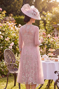 Tüll-Rouge Blumen mit Rundhals-Perlen-Midi-Kleid Mutter der Braut
