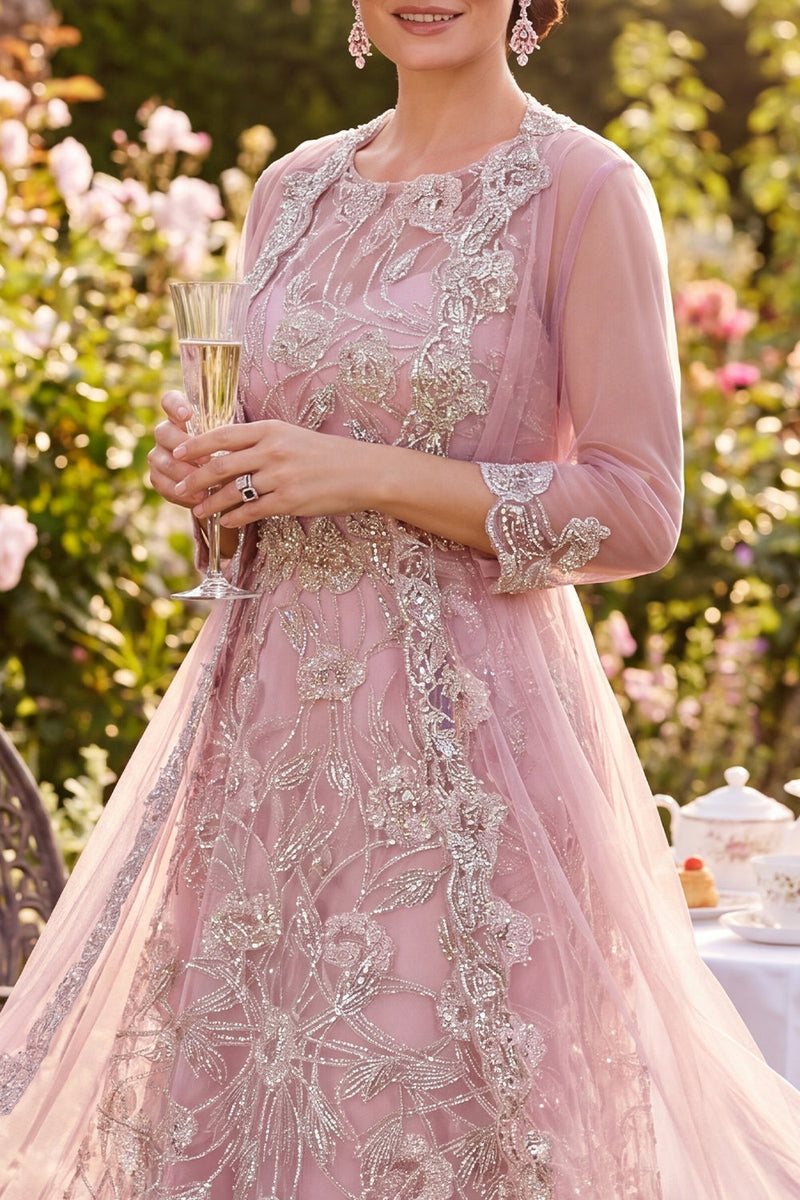 Laden Sie das Bild in den Galerie-Viewer, Tüll-Rouge Blumen mit Rundhals-Perlen-Midi-Kleid Mutter der Braut
