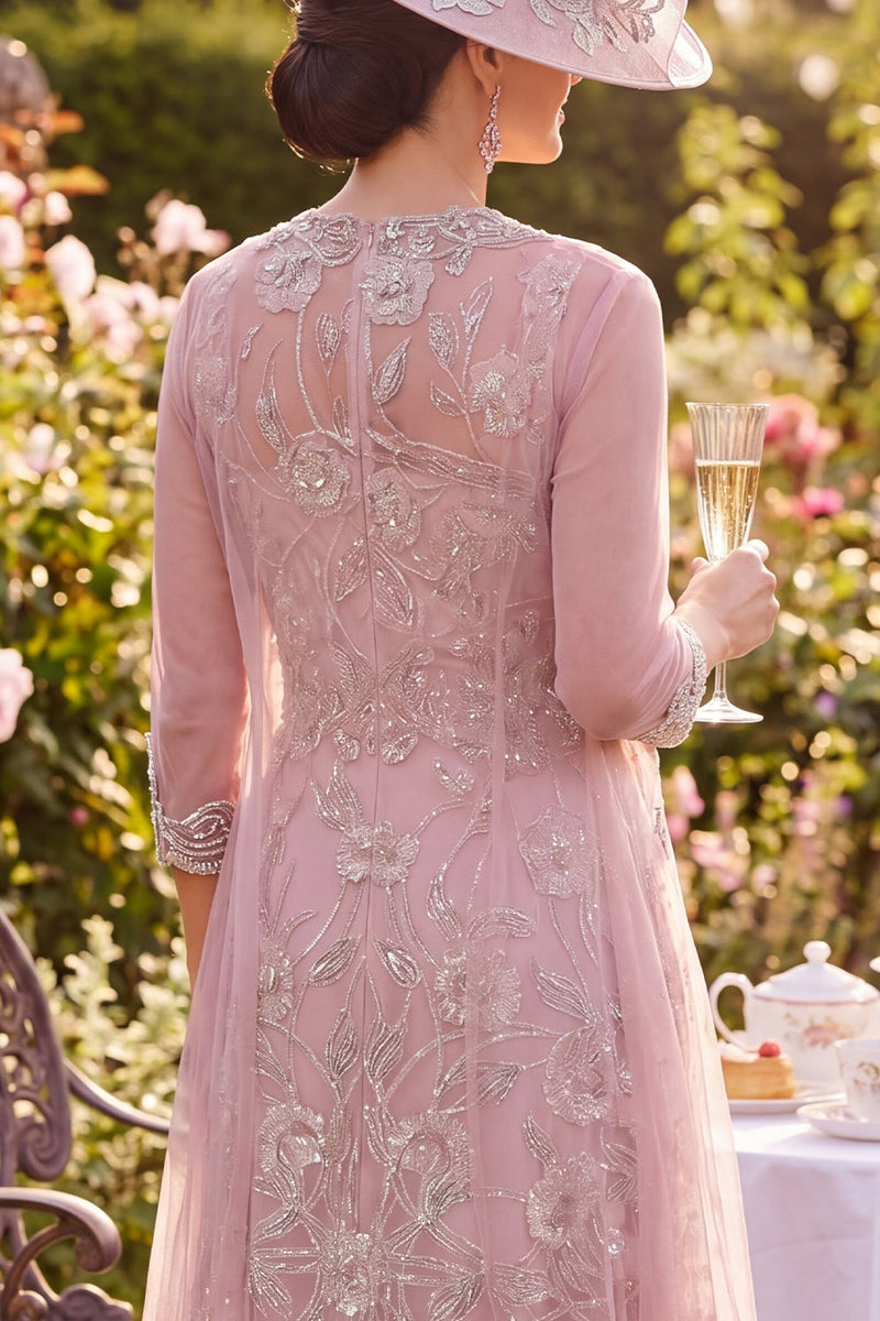 Laden Sie das Bild in den Galerie-Viewer, Tüll-Rouge Blumen mit Rundhals-Perlen-Midi-Kleid Mutter der Braut