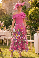Laden Sie das Bild in den Galerie-Viewer, Fuchsia A-Linie einschulterfarbenes langes Mutter-der-der-Braut-Kleid mit Schleife