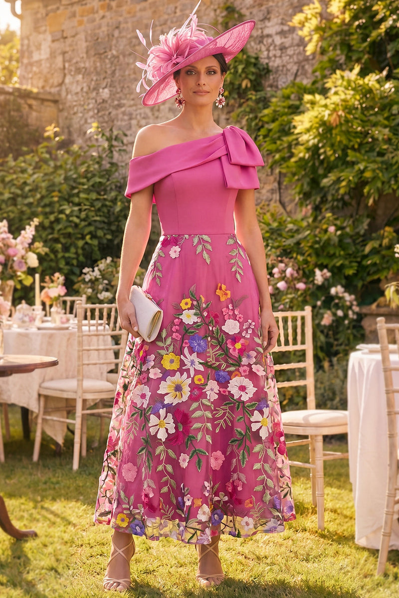 Laden Sie das Bild in den Galerie-Viewer, Fuchsia A-Linie einschulterfarbenes langes Mutter-der-der-Braut-Kleid mit Schleife