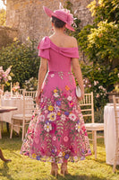 Laden Sie das Bild in den Galerie-Viewer, Fuchsia A-Linie einschulterfarbenes langes Mutter-der-der-Braut-Kleid mit Schleife