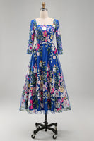 Laden Sie das Bild in den Galerie-Viewer, Königsblaues A-Linien-Quadrathals-Floral-Midi-Mutter-der-Braut-Kleid