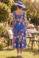 Laden Sie das Bild in den Galerie-Viewer, Königsblaues A-Linien-Quadrathals-Floral-Midi-Mutter-der-Braut-Kleid