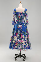 Laden Sie das Bild in den Galerie-Viewer, Königsblaues A-Linien-Quadrathals-Floral-Midi-Mutter-der-Braut-Kleid