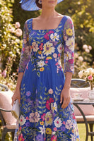 Laden Sie das Bild in den Galerie-Viewer, Königsblaues A-Linien-Quadrathals-Floral-Midi-Mutter-der-Braut-Kleid