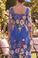 Laden Sie das Bild in den Galerie-Viewer, Königsblaues A-Linien-Quadrathals-Floral-Midi-Mutter-der-Braut-Kleid