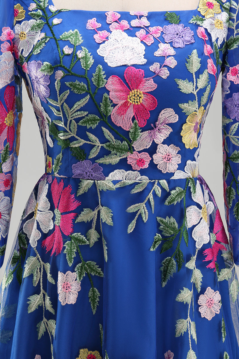Laden Sie das Bild in den Galerie-Viewer, Königsblaues A-Linien-Quadrathals-Floral-Midi-Mutter-der-Braut-Kleid