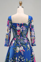 Laden Sie das Bild in den Galerie-Viewer, Königsblaues A-Linien-Quadrathals-Floral-Midi-Mutter-der-Braut-Kleid