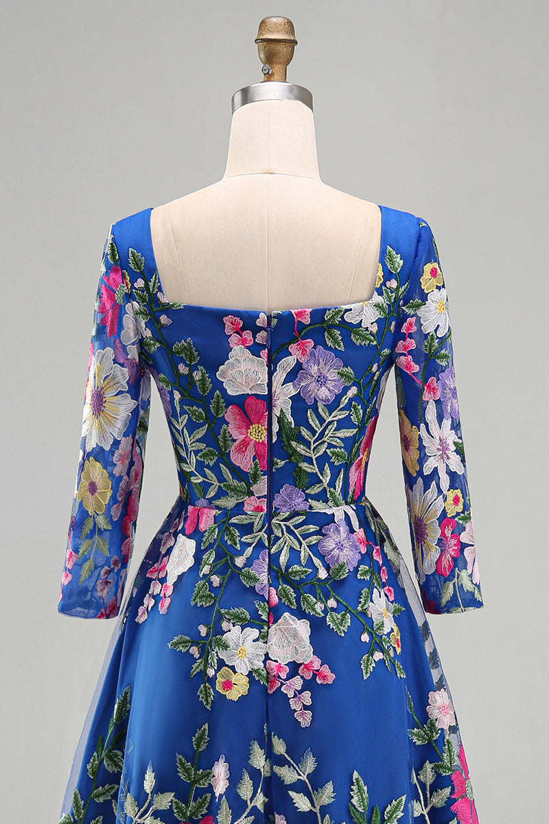 Laden Sie das Bild in den Galerie-Viewer, Königsblaues A-Linien-Quadrathals-Floral-Midi-Mutter-der-Braut-Kleid