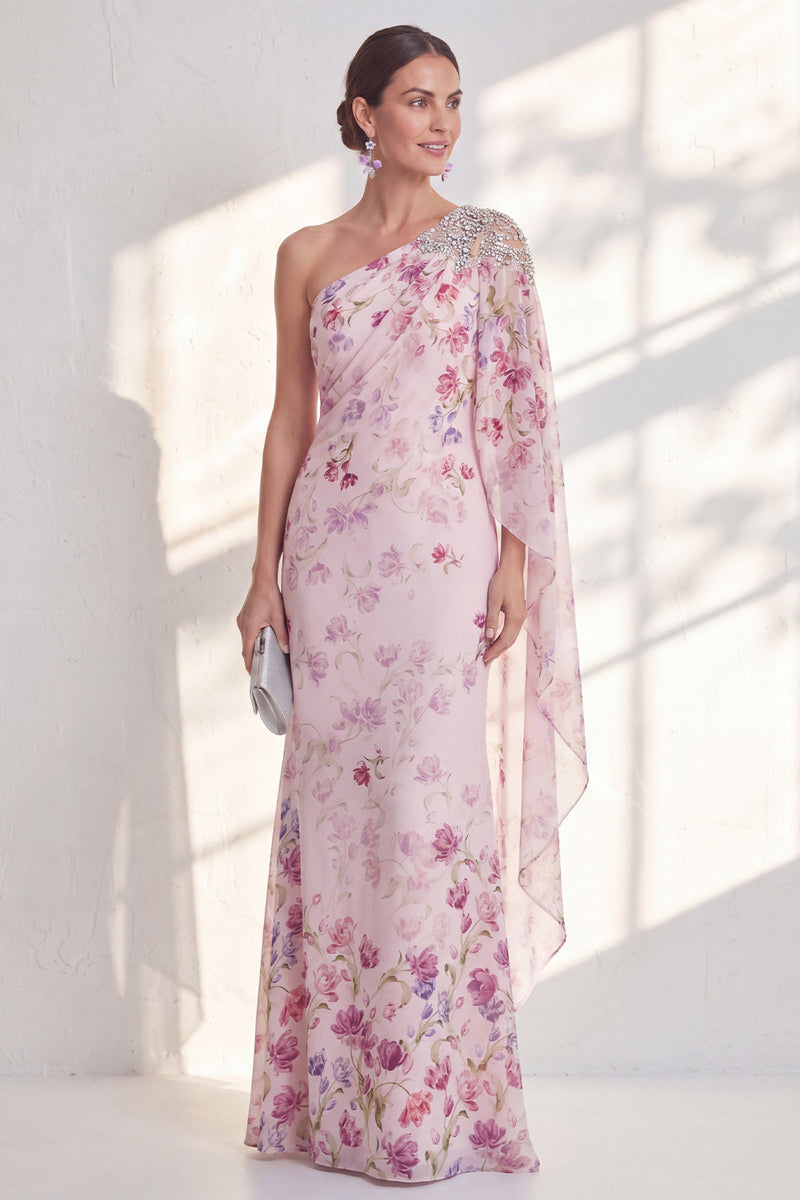 Laden Sie das Bild in den Galerie-Viewer, Fliederfarbenes einschulterfarbenes Chiffon-Meerjungfrauen-Langes Mutter-der-Braut-Kleid mit Seitenumhang