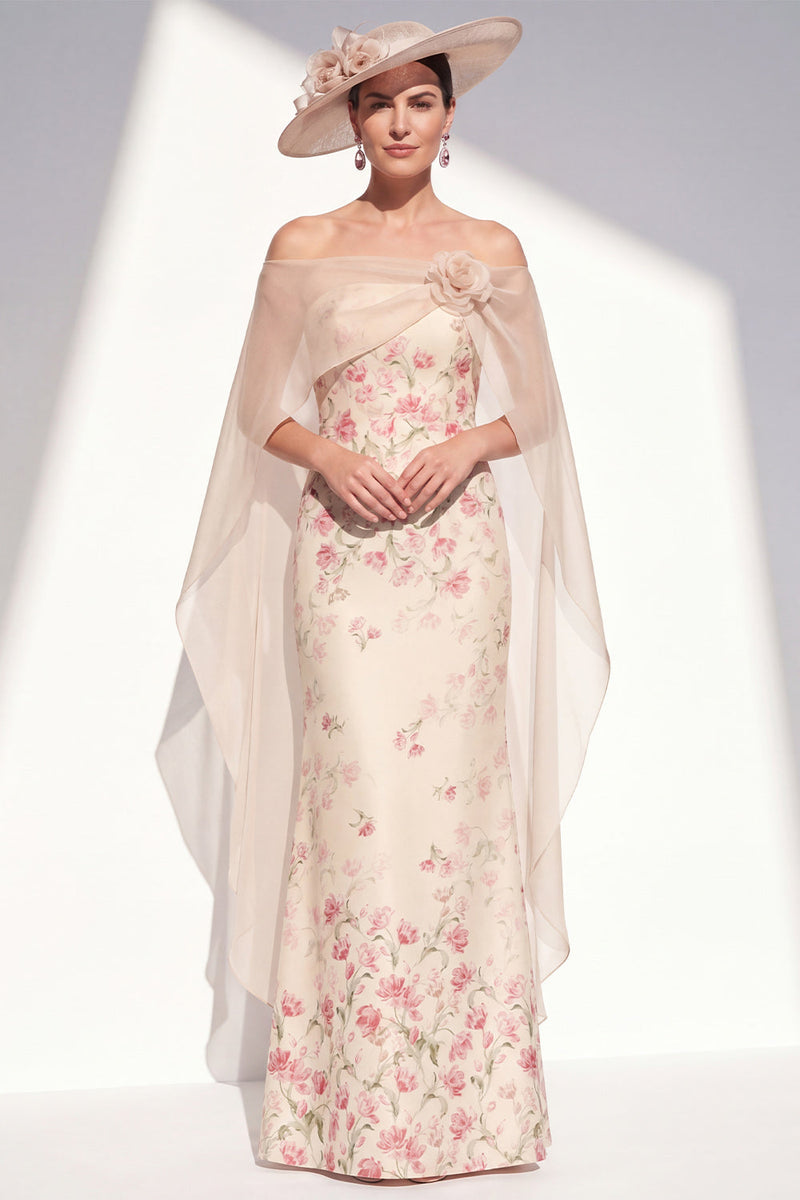 Laden Sie das Bild in den Galerie-Viewer, Aprikosen-Trägerloses Blumen-Meerjungfrauen-Lange Mutter-der-Braut-Kleid mit Umhang