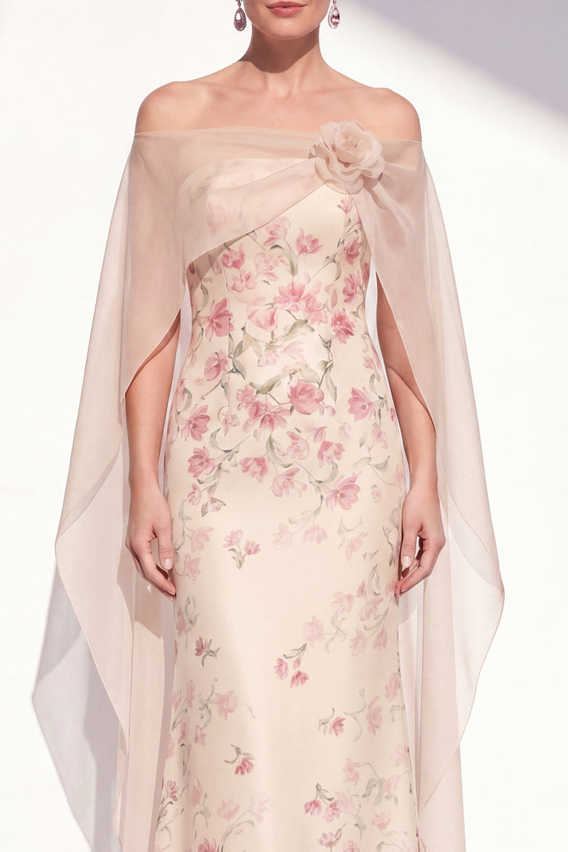 Laden Sie das Bild in den Galerie-Viewer, Aprikosen-Trägerloses Blumen-Meerjungfrauen-Lange Mutter-der-Braut-Kleid mit Umhang