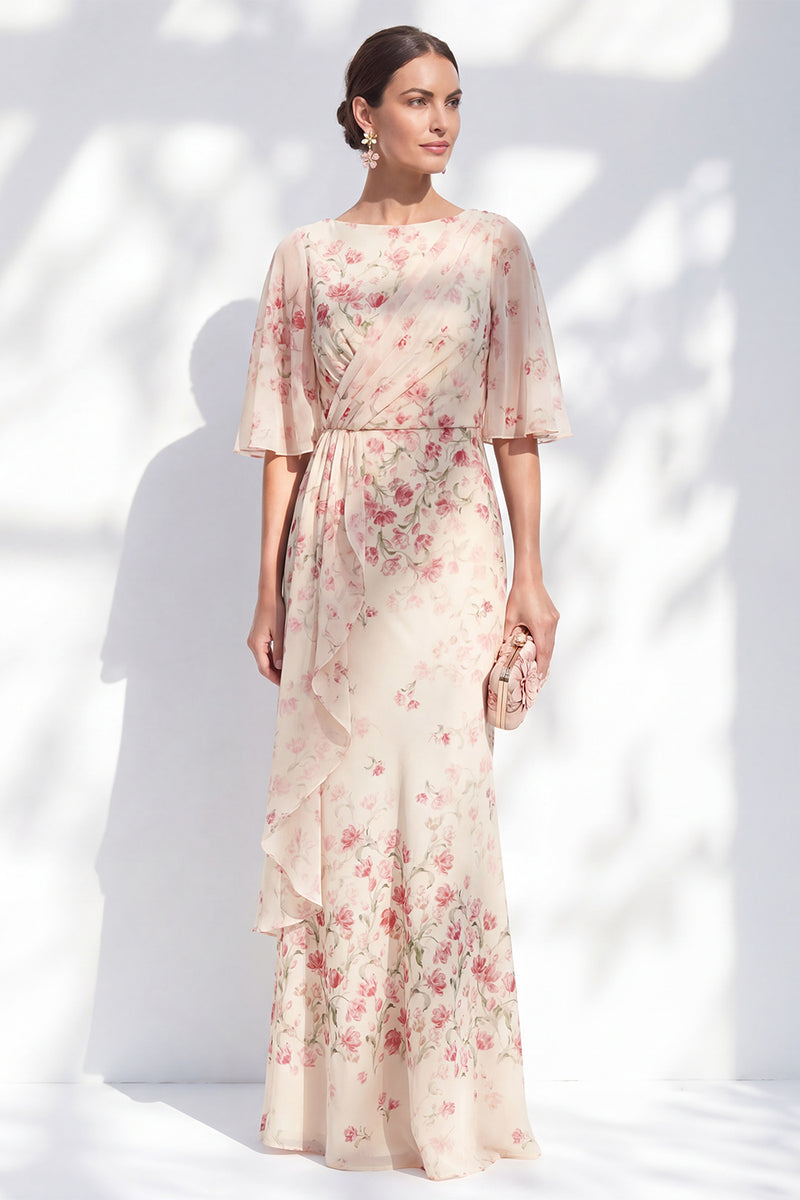 Laden Sie das Bild in den Galerie-Viewer, Blauer geblommiger Bateau-Ausschnitt Chiffon-Scheide, lange Mutter-der-Braut-Kleid mit halben Ärmeln