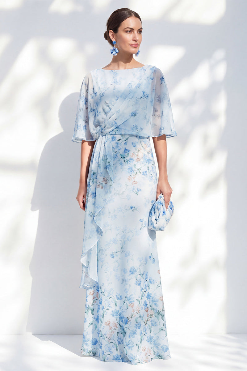 Laden Sie das Bild in den Galerie-Viewer, Blauer geblommiger Bateau-Ausschnitt Chiffon-Scheide, lange Mutter-der-Braut-Kleid mit halben Ärmeln