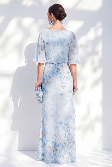 Blauer geblommiger Bateau-Ausschnitt Chiffon-Scheide, lange Mutter-der-Braut-Kleid mit halben Ärmeln