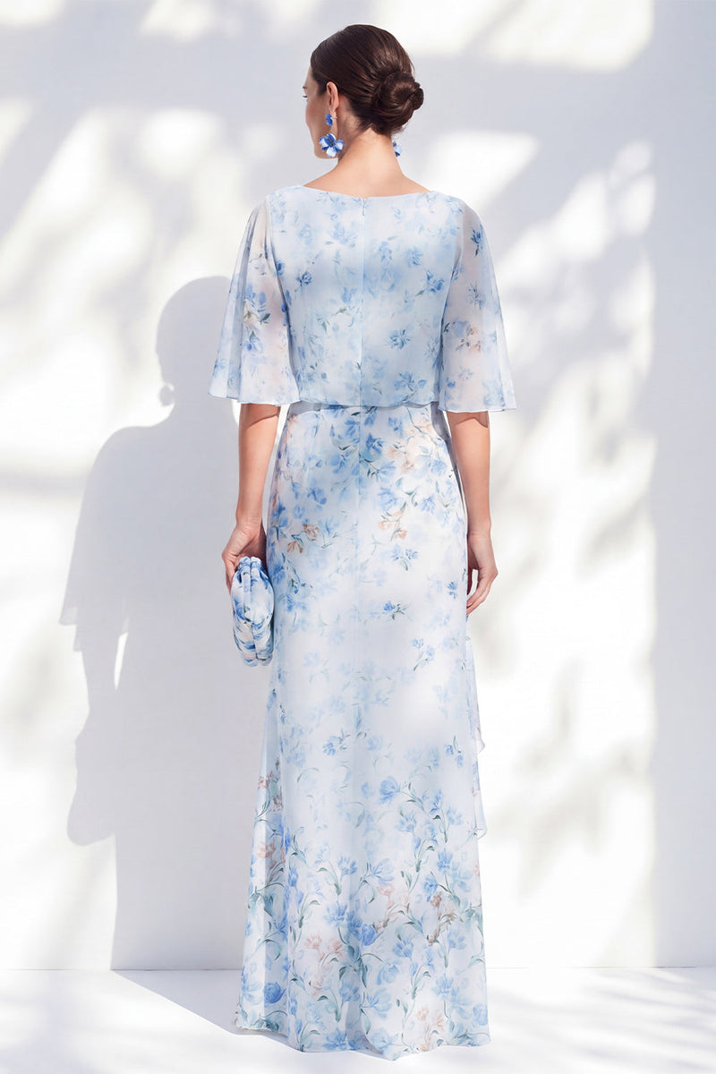 Laden Sie das Bild in den Galerie-Viewer, Blauer geblommiger Bateau-Ausschnitt Chiffon-Scheide, lange Mutter-der-Braut-Kleid mit halben Ärmeln