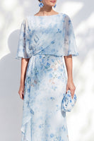 Laden Sie das Bild in den Galerie-Viewer, Blauer geblommiger Bateau-Ausschnitt Chiffon-Scheide, lange Mutter-der-Braut-Kleid mit halben Ärmeln