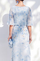 Laden Sie das Bild in den Galerie-Viewer, Blauer geblommiger Bateau-Ausschnitt Chiffon-Scheide, lange Mutter-der-Braut-Kleid mit halben Ärmeln