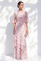 Laden Sie das Bild in den Galerie-Viewer, Blauer geblommiger Bateau-Ausschnitt Chiffon-Scheide, lange Mutter-der-Braut-Kleid mit halben Ärmeln