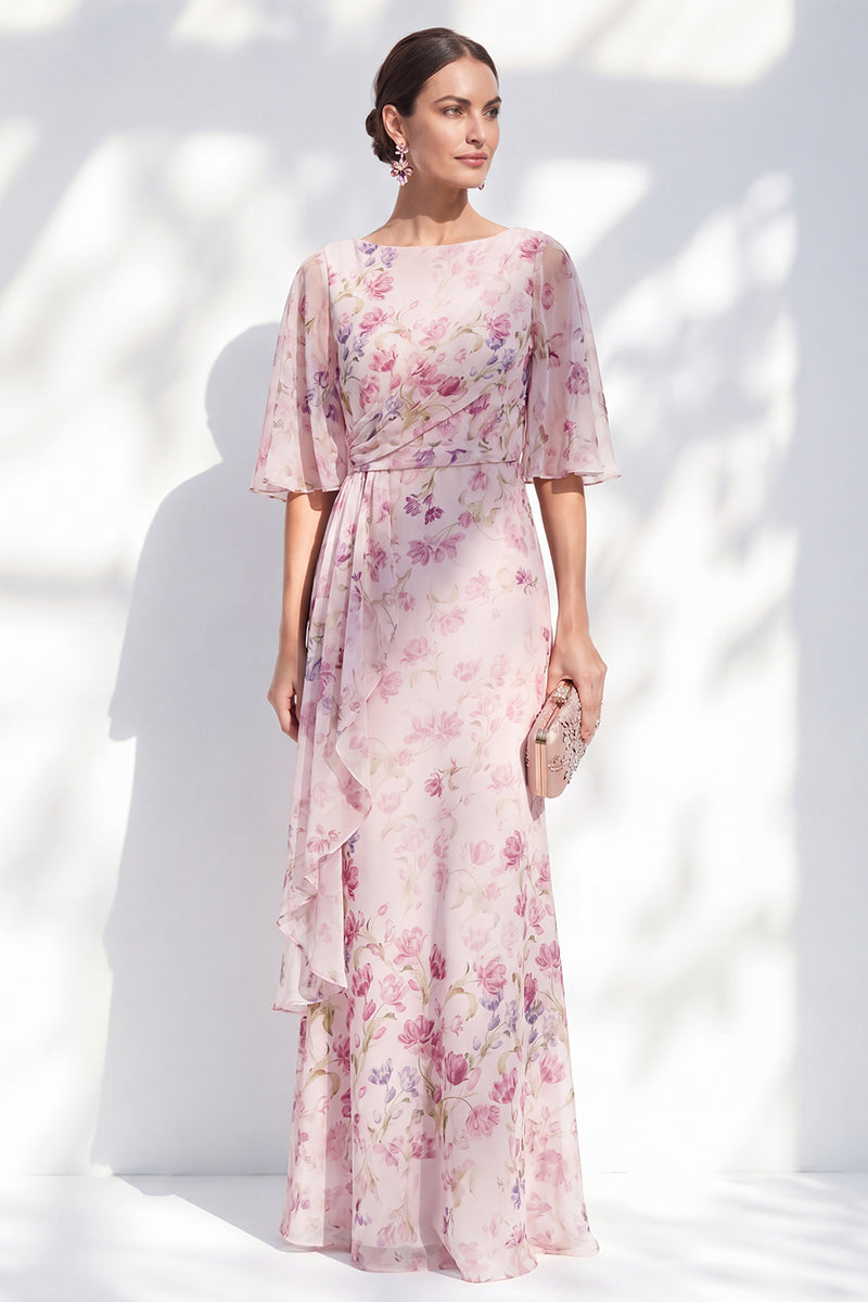 Laden Sie das Bild in den Galerie-Viewer, Blauer geblommiger Bateau-Ausschnitt Chiffon-Scheide, lange Mutter-der-Braut-Kleid mit halben Ärmeln