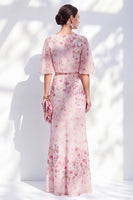 Laden Sie das Bild in den Galerie-Viewer, Blauer geblommiger Bateau-Ausschnitt Chiffon-Scheide, lange Mutter-der-Braut-Kleid mit halben Ärmeln
