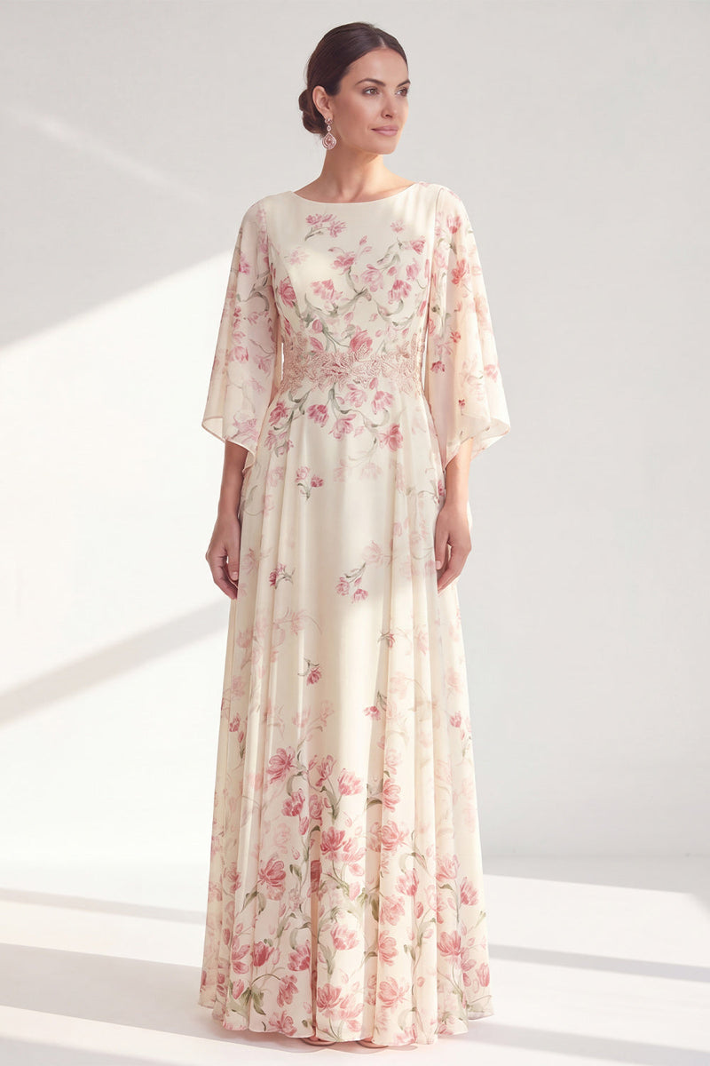 Laden Sie das Bild in den Galerie-Viewer, A-Linien-Aprikosen-Blumenbateau-Ausschnitt Langes Mutter-der-der-Braut-Kleid mit halbärmeligen Ärmeln