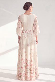 A-Linien-Aprikosen-Blumenbateau-Ausschnitt Langes Mutter-der-der-Braut-Kleid mit halbärmeligen Ärmeln