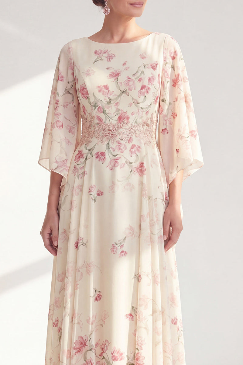 Laden Sie das Bild in den Galerie-Viewer, A-Linien-Aprikosen-Blumenbateau-Ausschnitt Langes Mutter-der-der-Braut-Kleid mit halbärmeligen Ärmeln
