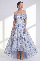 Laden Sie das Bild in den Galerie-Viewer, A-Linie blaue Blume von den Schultern hoch und tief, Mutter-der-Braut-Kleid