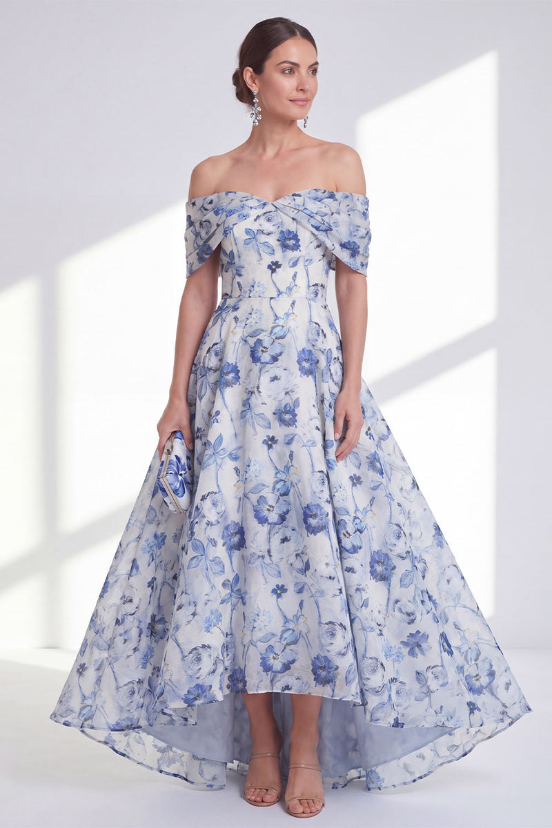 Laden Sie das Bild in den Galerie-Viewer, A-Linie blaue Blume von den Schultern hoch und tief, Mutter-der-Braut-Kleid
