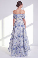 Laden Sie das Bild in den Galerie-Viewer, A-Linie blaue Blume von den Schultern hoch und tief, Mutter-der-Braut-Kleid