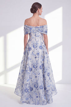 A-Linie blaue Blume von den Schultern hoch und tief, Mutter-der-Braut-Kleid