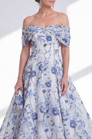 Laden Sie das Bild in den Galerie-Viewer, A-Linie blaue Blume von den Schultern hoch und tief, Mutter-der-Braut-Kleid