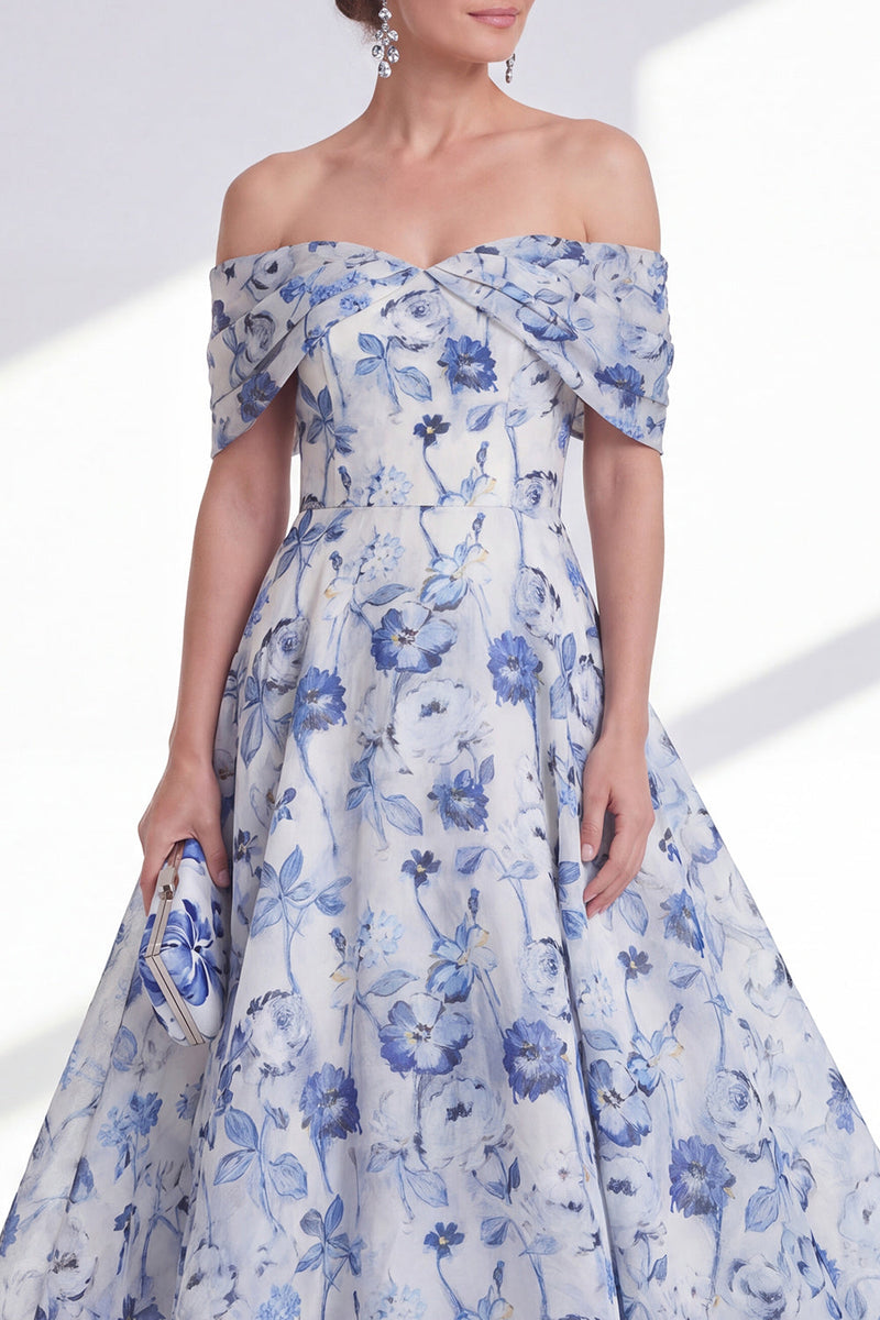 Laden Sie das Bild in den Galerie-Viewer, A-Linie blaue Blume von den Schultern hoch und tief, Mutter-der-Braut-Kleid