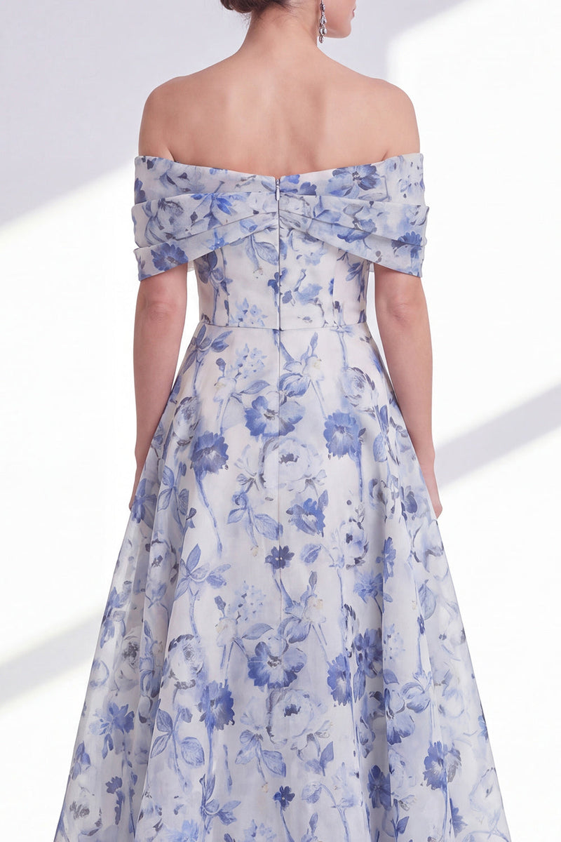 Laden Sie das Bild in den Galerie-Viewer, A-Linie blaue Blume von den Schultern hoch und tief, Mutter-der-Braut-Kleid