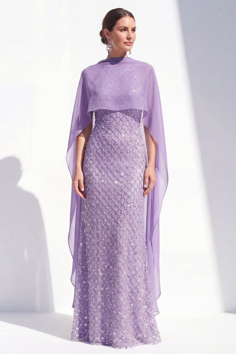 Laden Sie das Bild in den Galerie-Viewer, Meerjungfrauen-Lila Neckholderhals mit Perlen, langes Mutter-der-Braut-Kleid mit Umhang