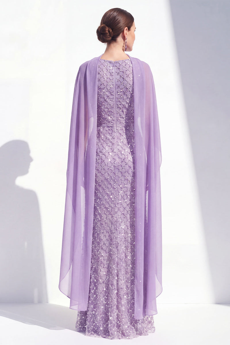 Laden Sie das Bild in den Galerie-Viewer, Meerjungfrauen-Lila Neckholderhals mit Perlen, langes Mutter-der-Braut-Kleid mit Umhang