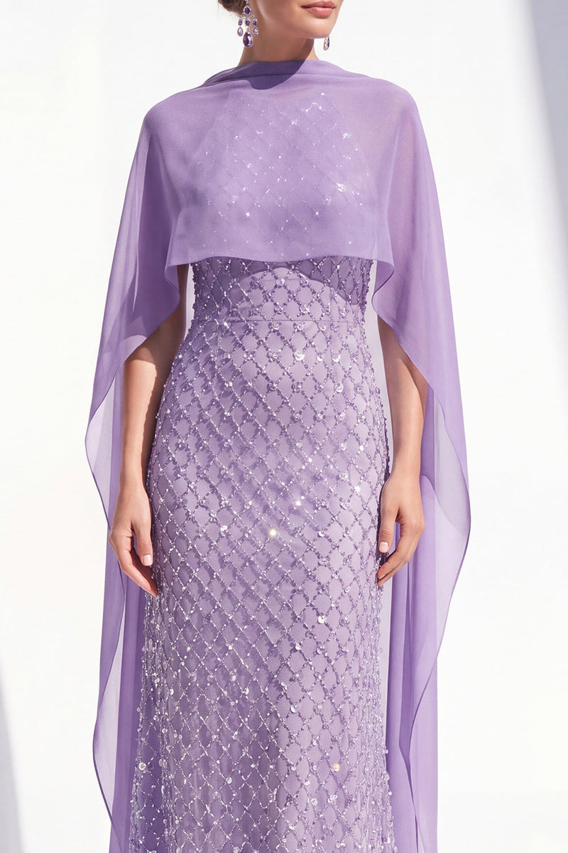 Laden Sie das Bild in den Galerie-Viewer, Meerjungfrauen-Lila Neckholderhals mit Perlen, langes Mutter-der-Braut-Kleid mit Umhang
