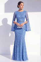 Laden Sie das Bild in den Galerie-Viewer, Mermaid Blue Round Neck Beaded Long Mother Of the Bride Dress with Long Sleeves