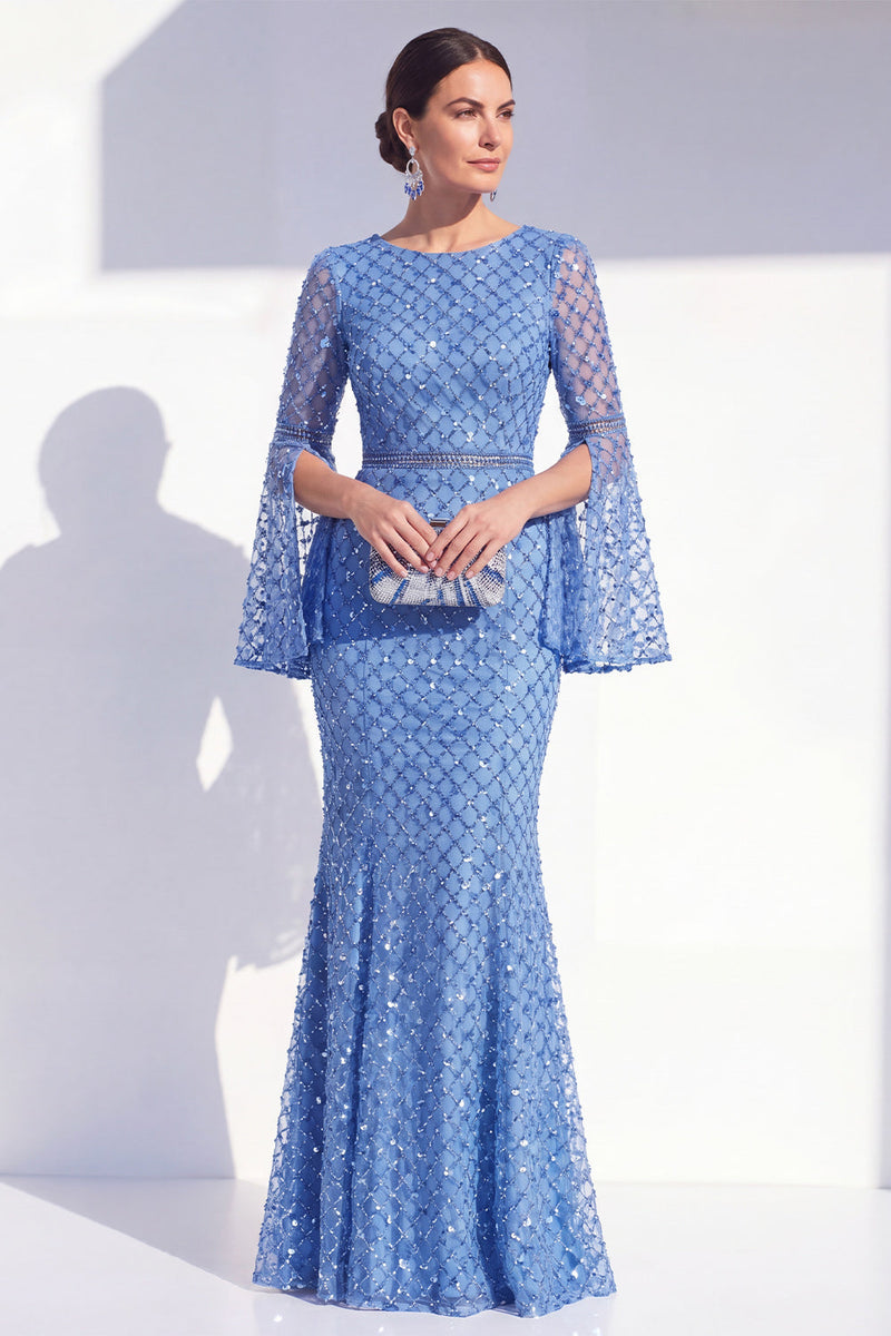 Laden Sie das Bild in den Galerie-Viewer, Mermaid Blue Round Neck Beaded Long Mother Of the Bride Dress with Long Sleeves