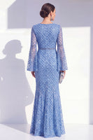 Laden Sie das Bild in den Galerie-Viewer, Mermaid Blue Round Neck Beaded Long Mother Of the Bride Dress with Long Sleeves
