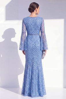Mermaid Blue Round Neck Beaded Long Mother Of the Bride Dress with Long Sleeves