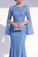 Laden Sie das Bild in den Galerie-Viewer, Mermaid Blue Round Neck Beaded Long Mother Of the Bride Dress with Long Sleeves