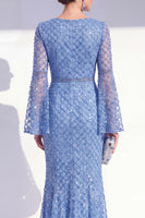 Laden Sie das Bild in den Galerie-Viewer, Mermaid Blue Round Neck Beaded Long Mother Of the Bride Dress with Long Sleeves