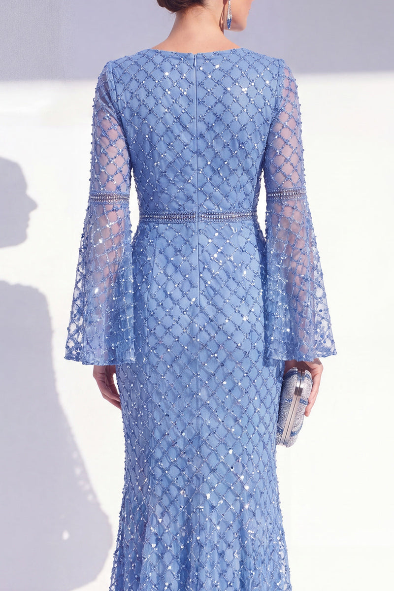 Laden Sie das Bild in den Galerie-Viewer, Mermaid Blue Round Neck Beaded Long Mother Of the Bride Dress with Long Sleeves