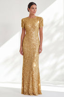 Laden Sie das Bild in den Galerie-Viewer, Glitzernde Meerjungfrau, goldene Rundhals-Pailletten, langes Mutter-der-Braut-Kleid